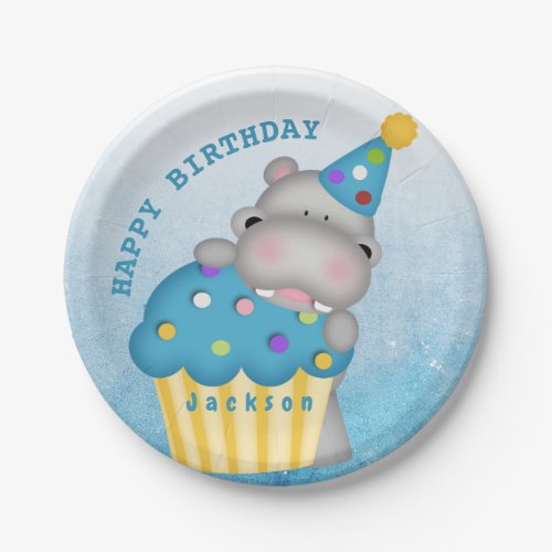 Kids Hippo Birthday Cupcake Sprinkles Personalized Paper Plates