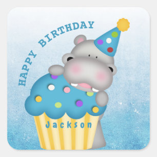 Kids Hippo Birthday Cupcake Sprinkles Personalized Square Sticker