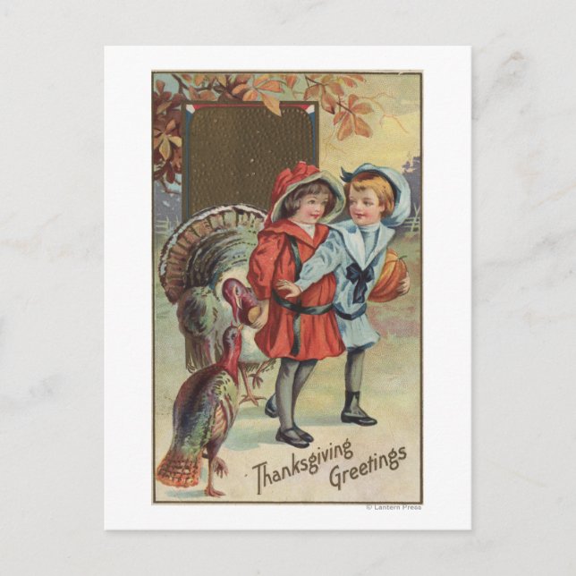 Kids Holding a Pumpkin, Turkeys Postcard (Front)