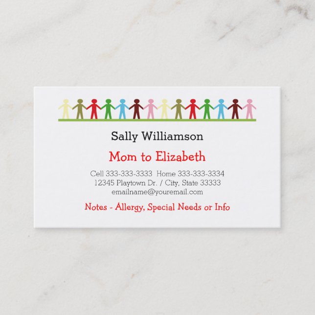Kids Holding Hands Mommy and Child Custom Info Calling Card (Front)