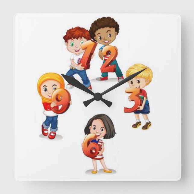 Kids holding numbers square wall clock (Front)