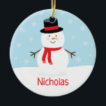 Kids Holiday Snowman Christmas Ornament<br><div class="desc">This holiday ornament features a festive holiday snowman with a red scarf. The background is light blue with falling snowflakes.</div>