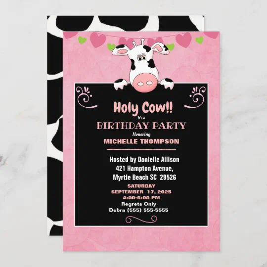 Holy Cow Cow Birthday Invite Cow Theme Party Pink Gingham Birthday Party Invitation Cow Daisy Invitation Farm Birthday Party