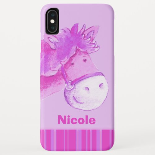 Kids horse pony purple pink stripes name iPhone XS max case