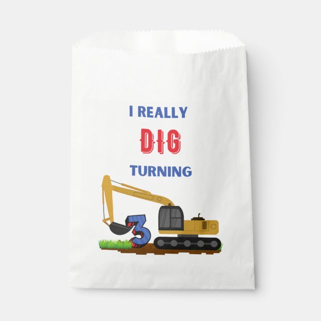 Kids I Really Dig Turning 3 Excavator  Favor Bag (Front)