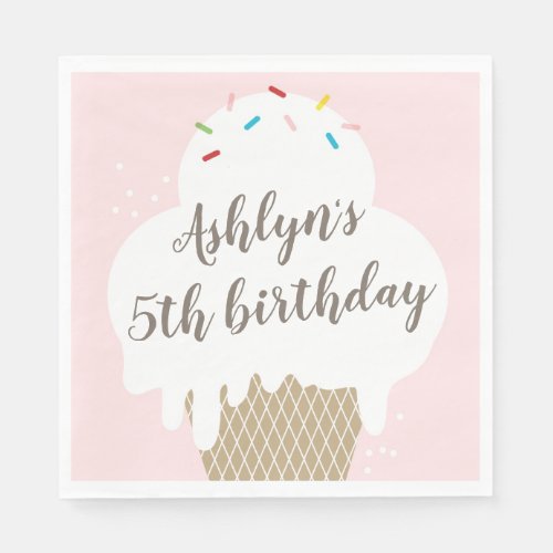 Kids Ice Cream Cone Pink Birthday Party Paper Napkins