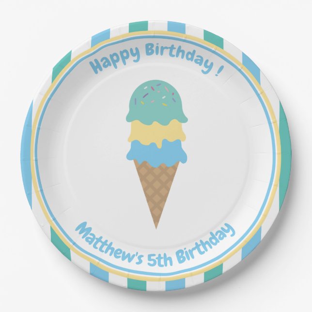 Kid's Ice Cream  Party Blue Green Stripes Paper Plates (Front)