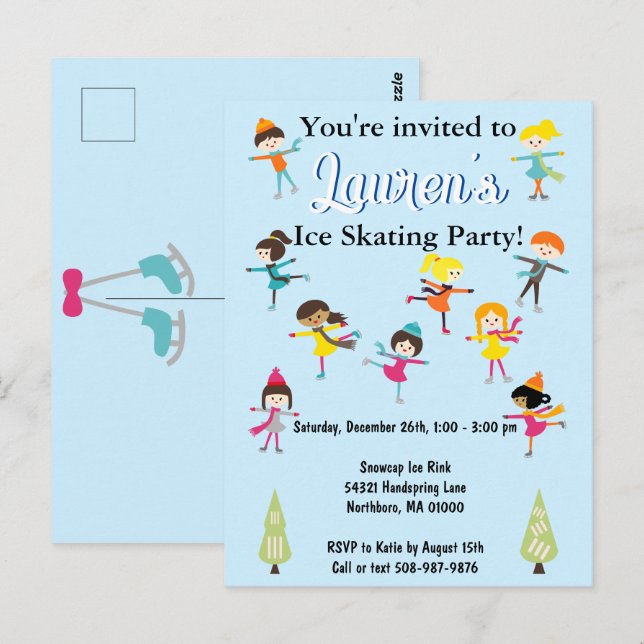 Kids Ice Skating Birthday Party Invitation  Postcard (Front/Back)