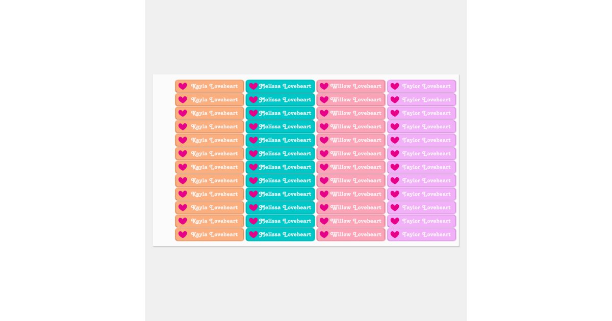 Kids id named heart pink aqua purple coral girls kids' labels | Zazzle