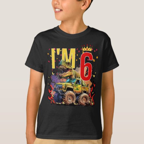 Kids Im 6 6TH Fire Dinosaurs Birthday Boy Gift T_Shirt