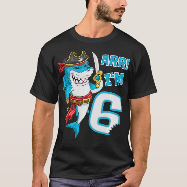 Kids Im 6 years Bday Shark pirate 6th Birthday boy T-Shirt (Front)