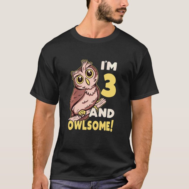 Kids I'm Three And Awesome Owlsome Owl 3th Birthda T-Shirt (Front)
