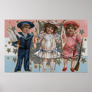 Kids in Blue, White and Pink Poster
