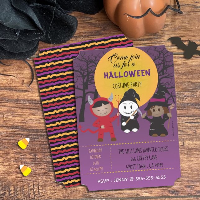 Kids in Costume Halloween Party Purple Invitations (Creator Uploaded)