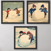 Kids in snow -ukoy-e  style Print Set