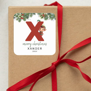 Kids Initial X Christmas Square Sticker