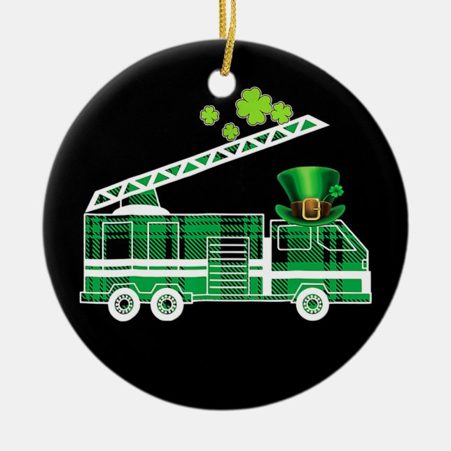 Kids Irish Green Firefighter Truck St Patricks Ceramic Ornament (Front)