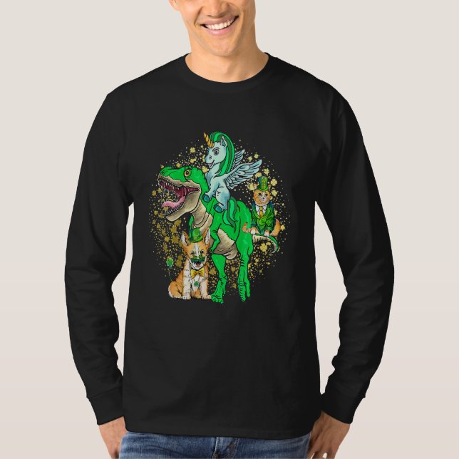Kids Irish Unicorn Riding Dinosaur St Patrick's Da T-Shirt (Front)