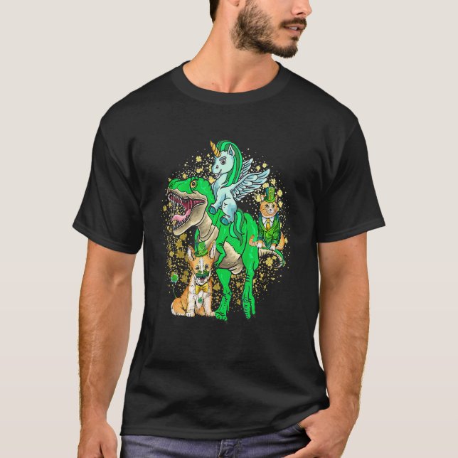 Kids Irish Unicorn Riding Dinosaur St Patrick's Da T-Shirt (Front)