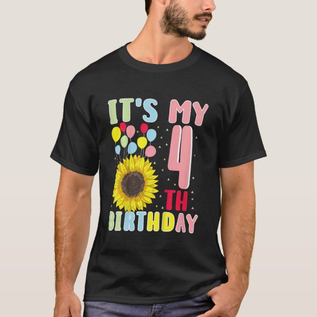 Kids It's My 4th Birthday Sunflower 4 Years Old Bi T-Shirt (Front)