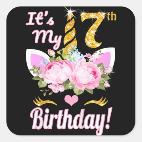 Kids Its My 7th Birthday 7 Year Old Unicorn Birth Square Sticker