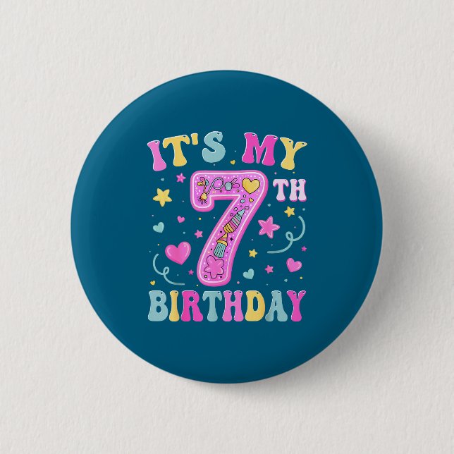 Kids It's My 7th Birthday Girl 7 Seven Happy Birth Button (Front)