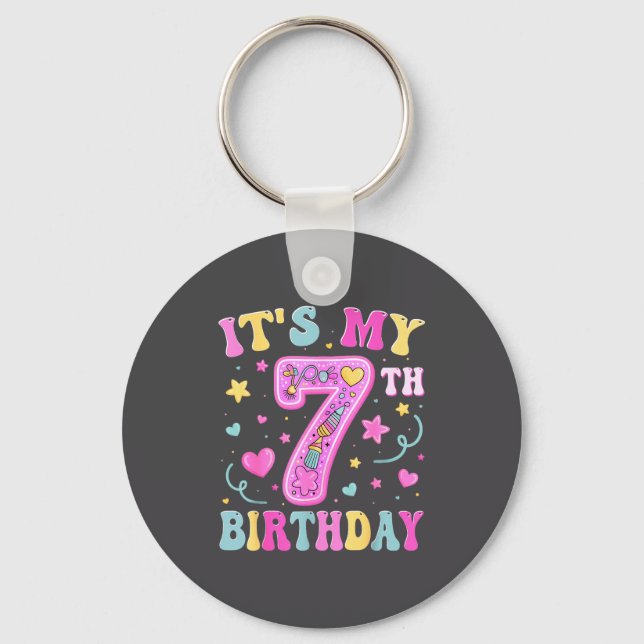 Kids It's My 7th Birthday Girl 7 Seven Happy Birth Keychain (Front)