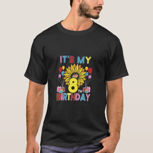 Kids Its My 8th Birthday Sunflower 8 Years Old Bi T_Shirt