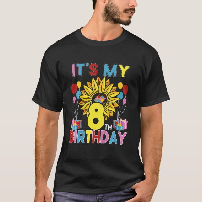 Kids It's My 8th Birthday Sunflower 8 Years Old Bi T-Shirt (Front)