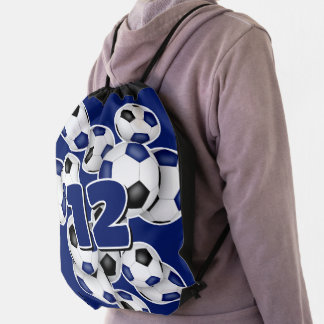 kids jersey number on blue black soccer balls drawstring bag