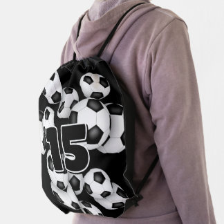 kids jersey number on group of soccer balls drawstring bag