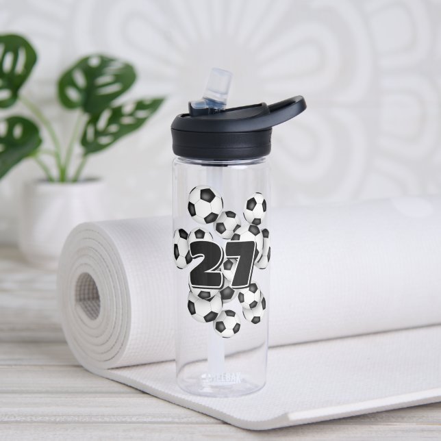 kids jersey number on group of soccer balls water bottle (Yoga)