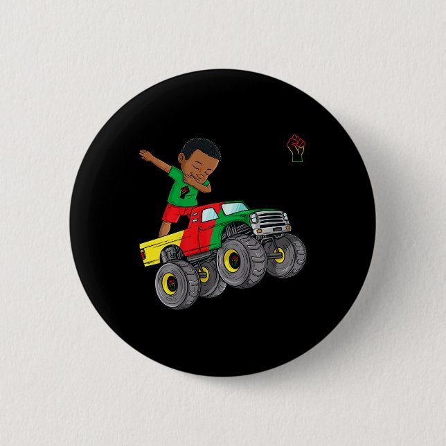 Kids Juneteenth Dabbing Black King In Monster Truc Button (Front)