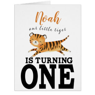 Kids Jungle Tiger First Birthday Monogram  Cards