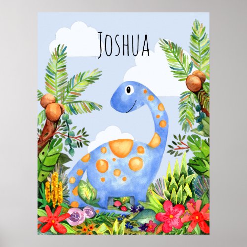 Kids Jungle Watercolor Dinosaur Baby Boys Nursery Poster