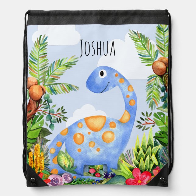 Kids Jungle Watercolor Dinosaur Boys School Drawstring Bag (Front)