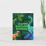 Kids Jurassic Dino Dinosaur Customizable Birthday Card<br><div class="desc">This dinosur design is great for the birthday boy in your life. Give them a dino-mite bday with this dino themed design featuring a trex,  triceratops,  brontosaurus,  and kidnapper.</div>