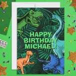 Kids Jurassic Dino Dinosaur Personalized Birthday Card<br><div class="desc">This dinosur design is great for the birthday boy in your life. Give them a dino-mite bday with this dino themed design featuring a trex,  triceratops,  brontosaurus,  and kidnapper.</div>