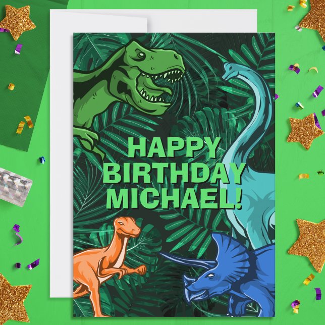 Kids Jurassic Dino Dinosaur Personalized Birthday Card (Wish happy birthday to your favorite dinosaur lover! Great for kids of all ages!)