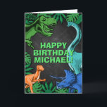 Kids Jurassic Dino Dinosaur Personalized Birthday Card<br><div class="desc">This dinosur design is great for the birthday boy in your life. Give them a dino-mite bday with this dino themed design featuring a trex,  triceratops,  brontosaurus,  and kidnapper.</div>