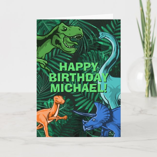 Kids Jurassic Dino Personalized Dinosaur Birthday Card (Front)