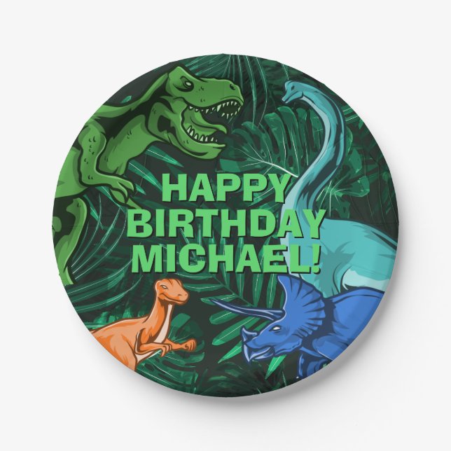 Kids Jurassic Dino Personalized Dinosaur Birthday Paper Plates (Front)