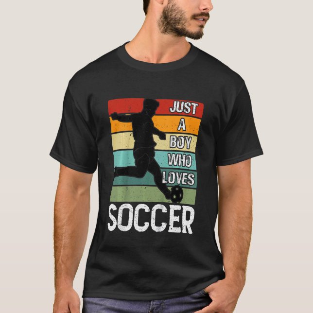 Kids Just A Boy Who Loves Soccer Player Retro Stri T-Shirt (Front)