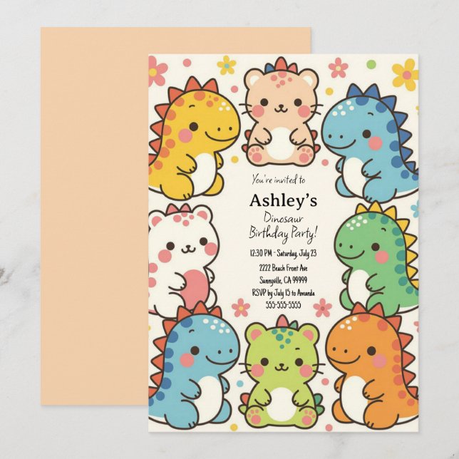 Kids Kawaii Dinosaur Birthday Party  Invitation (Front/Back)