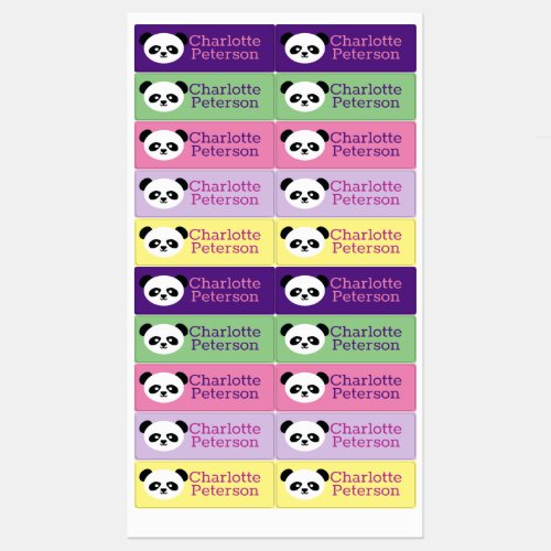 Kids Kawaii Panda Pink Purple Waterproof School Kids Labels
