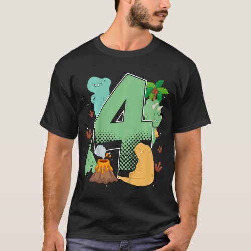 Kids Kids 4th Birthday 4 Years With Dino And Dinos T_Shirt