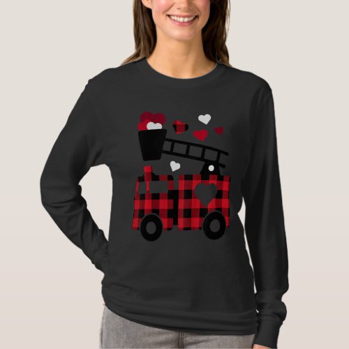 Kids Kids Fire Truck Buffalo Plaid Valentines Day  T_Shirt