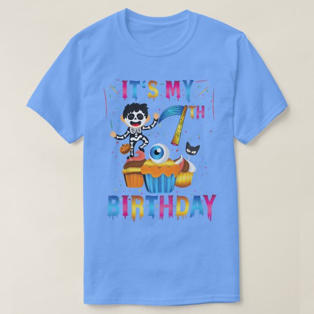 Kids Kids It's My 7th Birthday Ghost Skeleton Hall T-Shirt (Design Front)