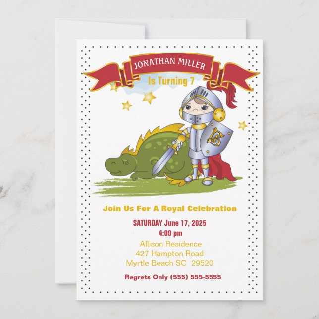 Kids Knight In Armor Dragon Birthday Party  Invitation (Front)
