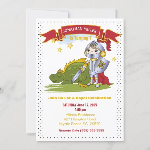 Kids Knight In Armor Dragon Birthday Party  Invitation